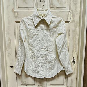Vtg Melray White Lace Accent Collared Button-Up Long Sleeve Blouse Women S 34